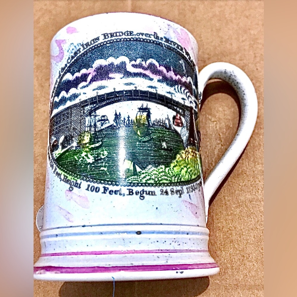 1796 Antique Pearl Pink Luster Transferware CAST IRON BRIDGE Frog Mug